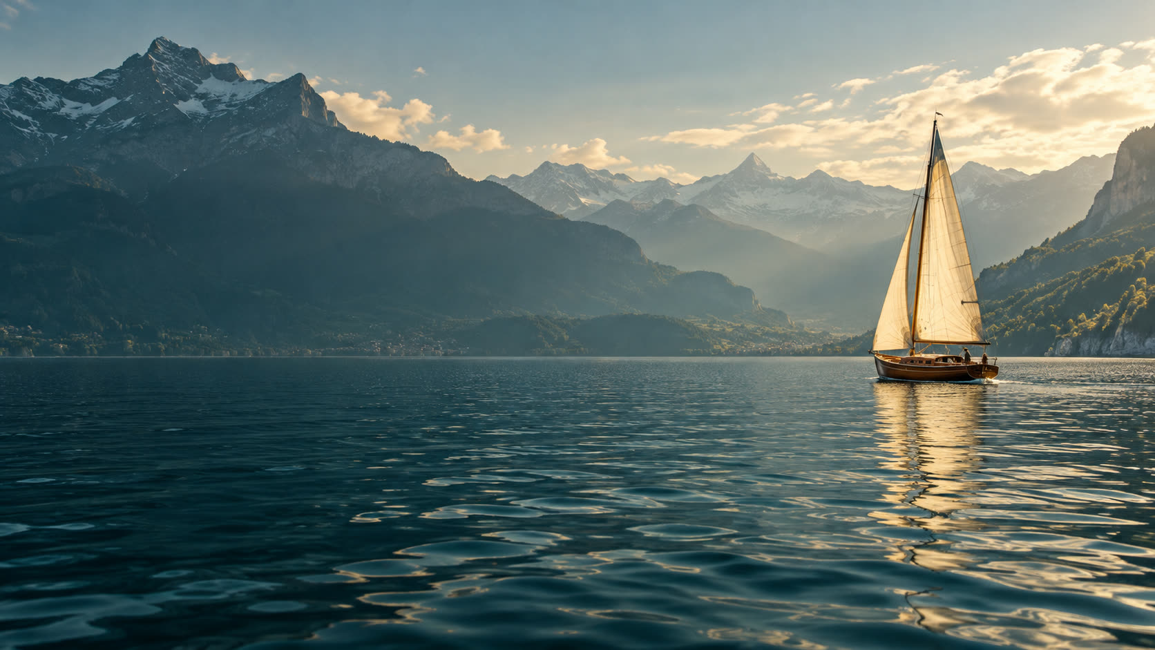 A solitary sailboat on a peaceful alpine lake at golden hour